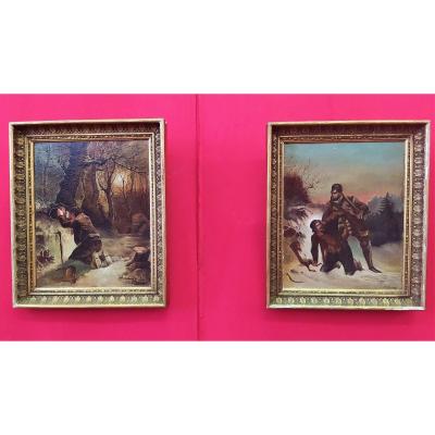 Pair Of Small Hunting Scene Paintings