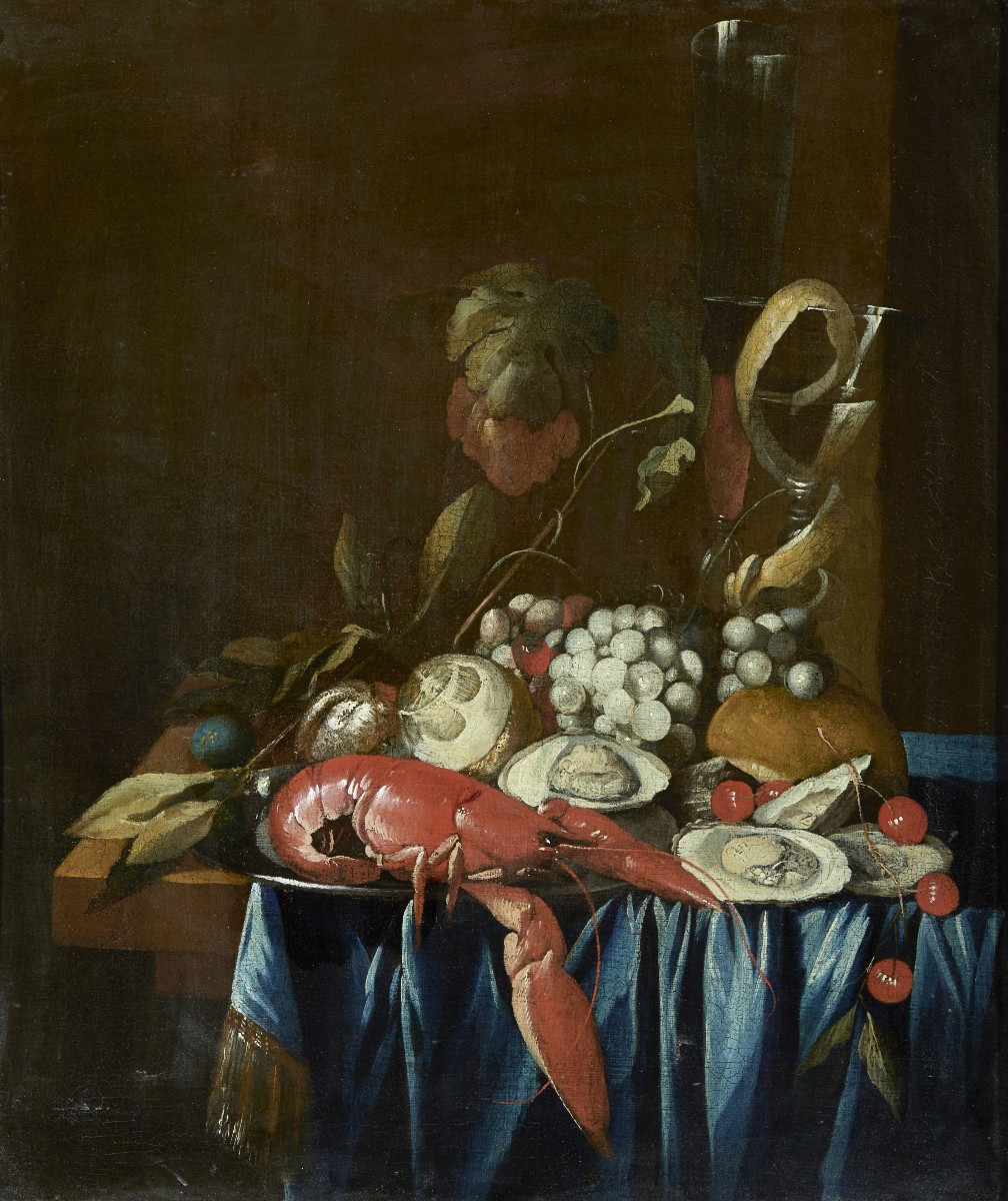 Nature morte flamande avec tapis, fruits et coquillages