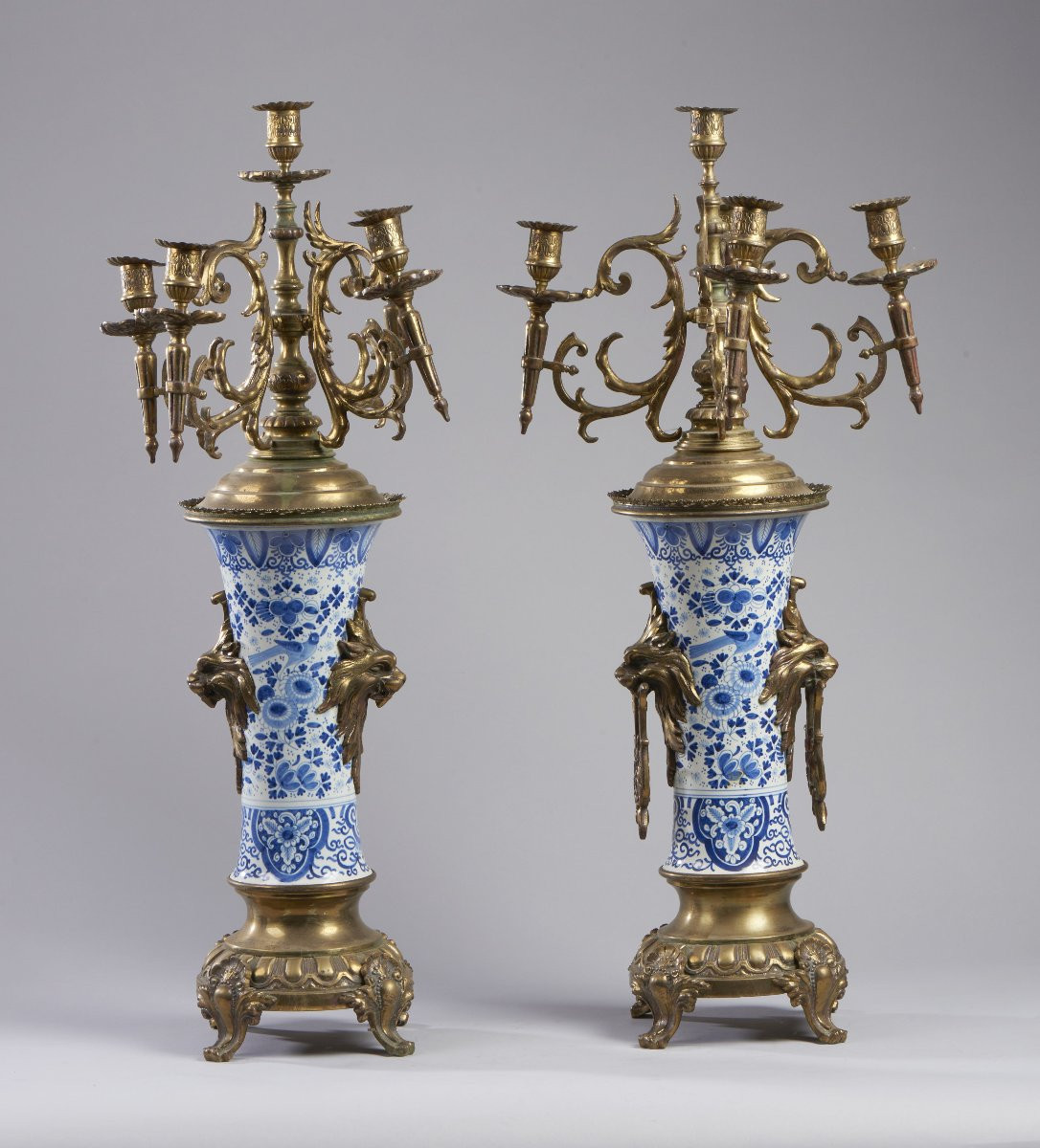 Two 19th-century Delft Ceramic Candlesticks And Table Clock -photo-1