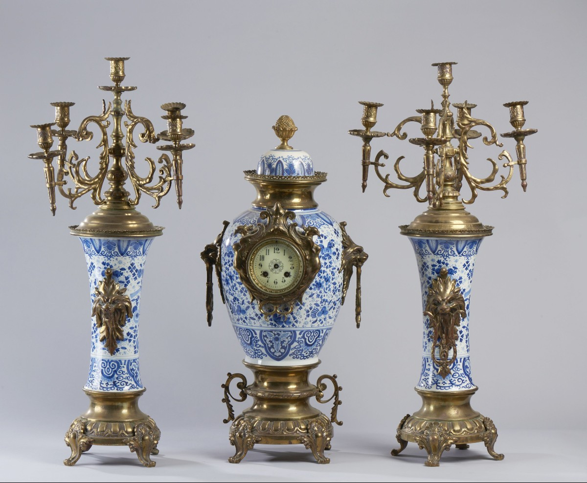 Two 19th-century Delft Ceramic Candlesticks And Table Clock 