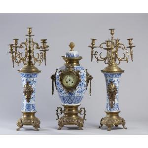 Two 19th-century Delft Ceramic Candlesticks And Table Clock 