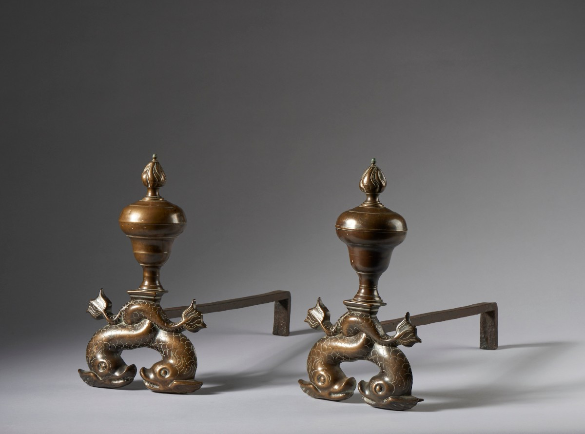 Paire De Chenets De Cheminée En Bronze Et Fer Italie Centre-nord XVIIIe Siècle-photo-2