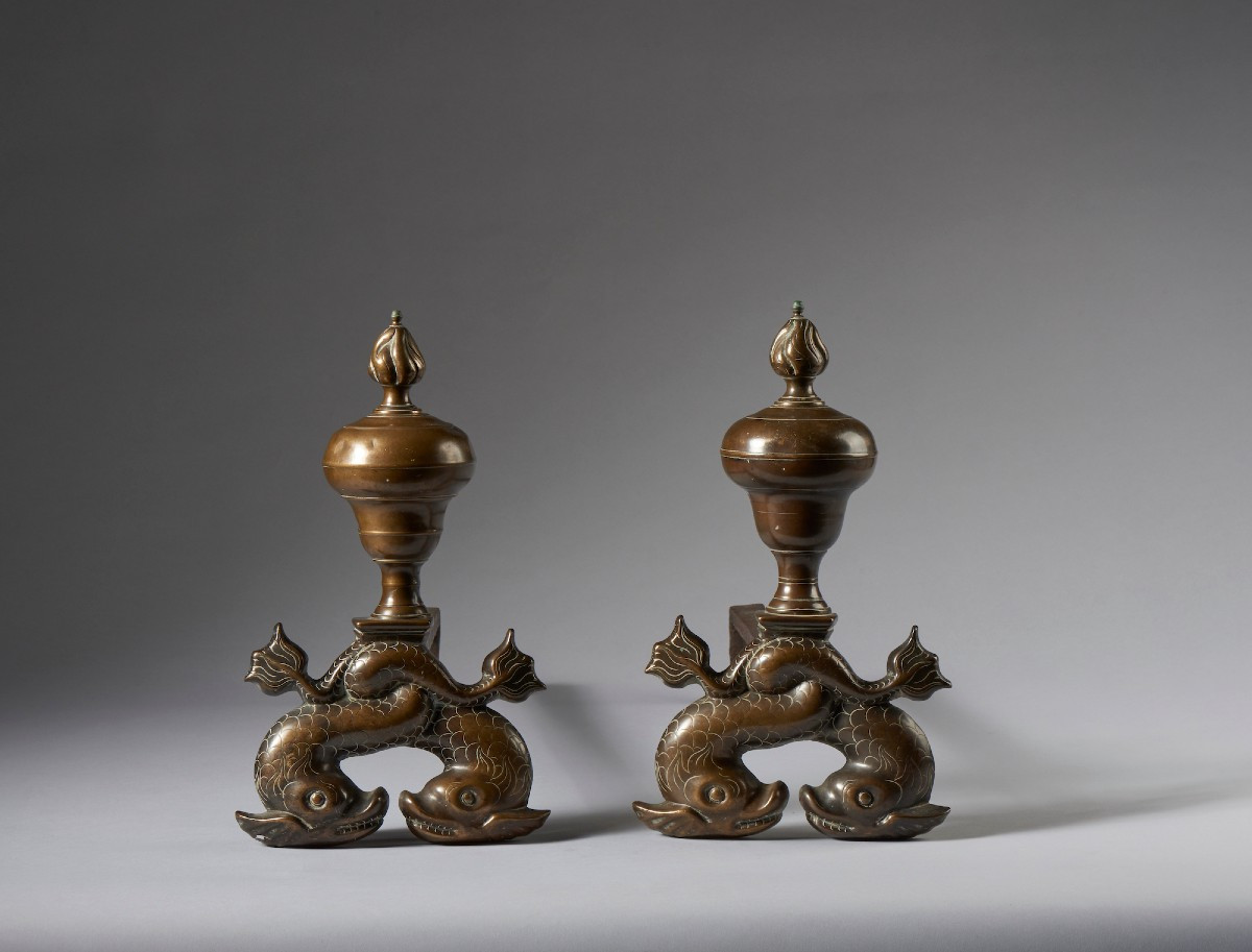 Paire De Chenets De Cheminée En Bronze Et Fer Italie Centre-nord XVIIIe Siècle-photo-3