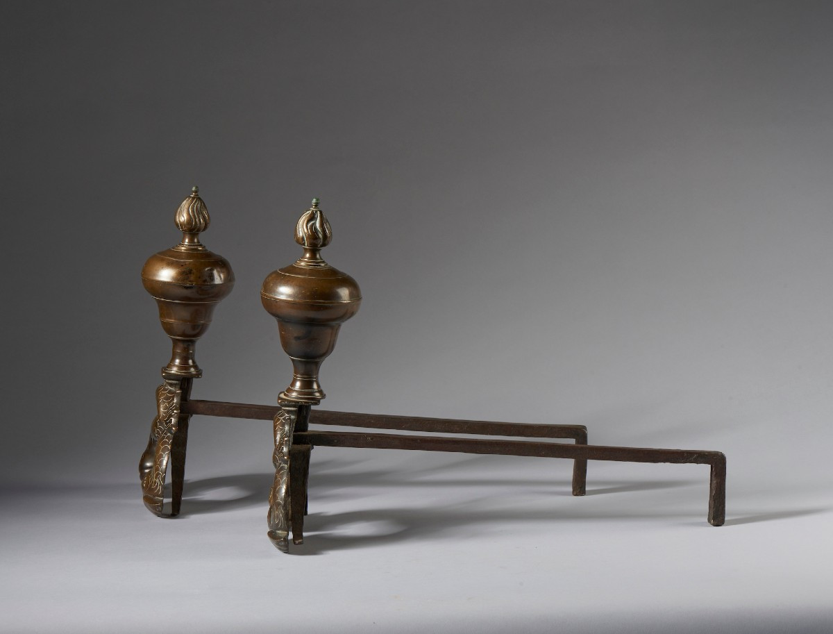 Paire De Chenets De Cheminée En Bronze Et Fer Italie Centre-nord XVIIIe Siècle-photo-4