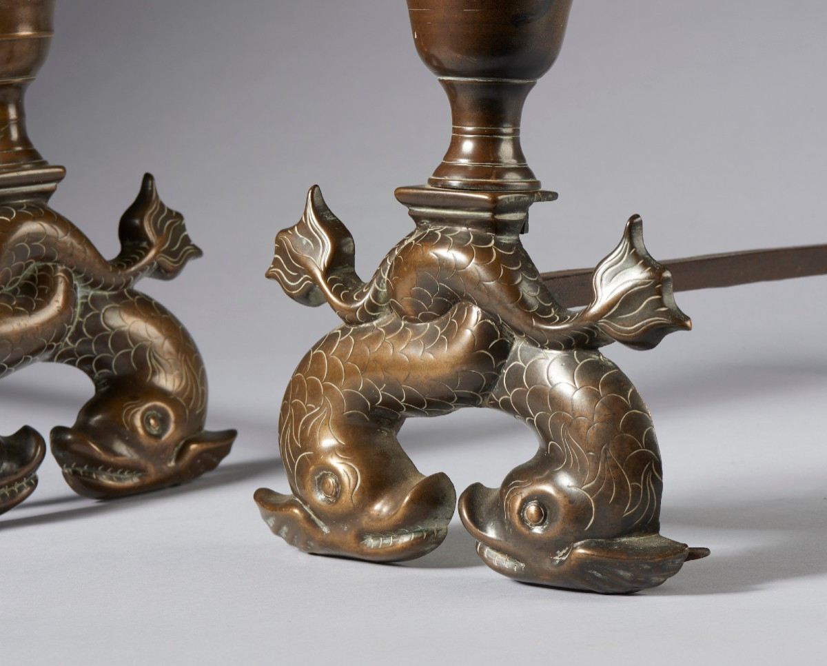 Paire De Chenets De Cheminée En Bronze Et Fer Italie Centre-nord XVIIIe Siècle-photo-3