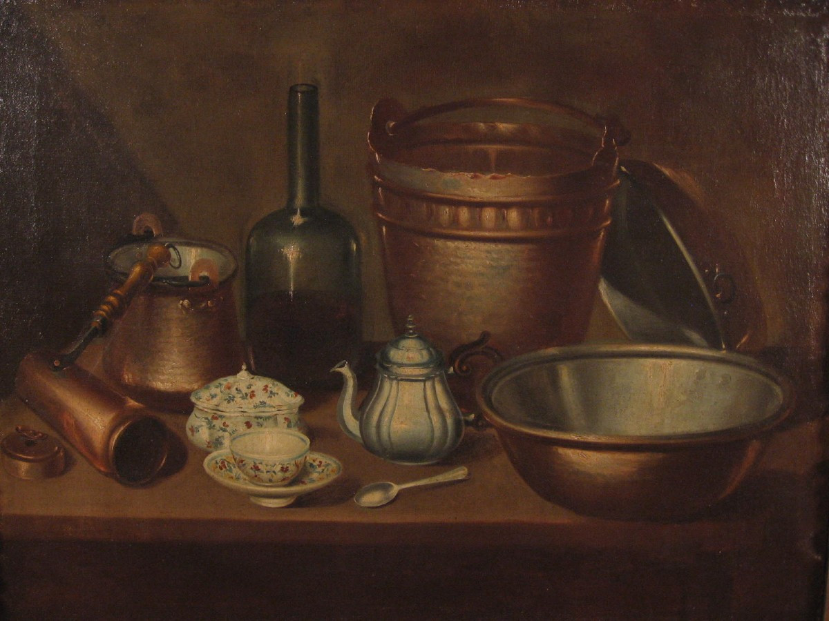 Still Life With Copper Crockery, Bottle And Majolica -   Emilian School, 18th Century-photo-2