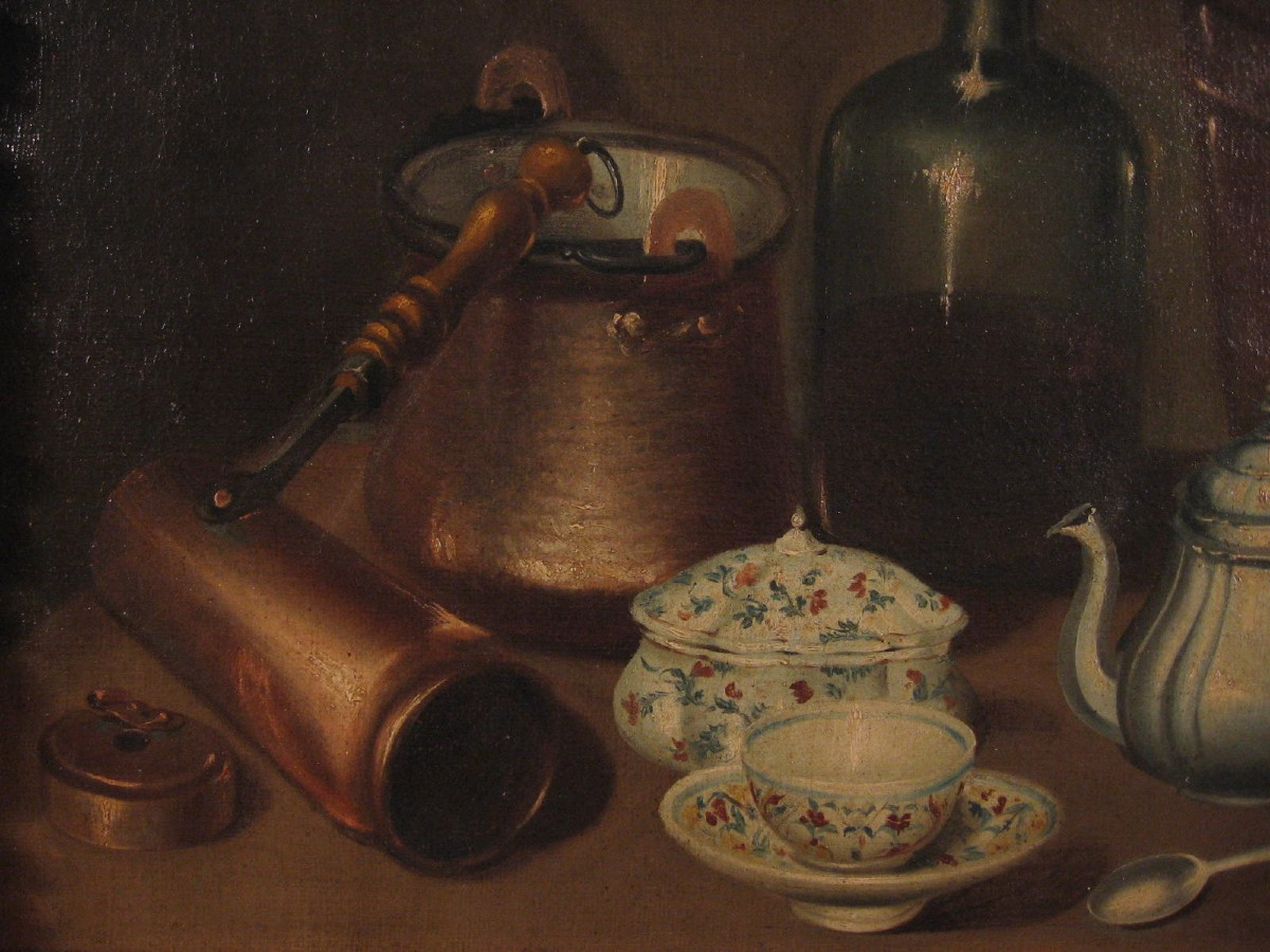 Still Life With Copper Crockery, Bottle And Majolica -   Emilian School, 18th Century-photo-4