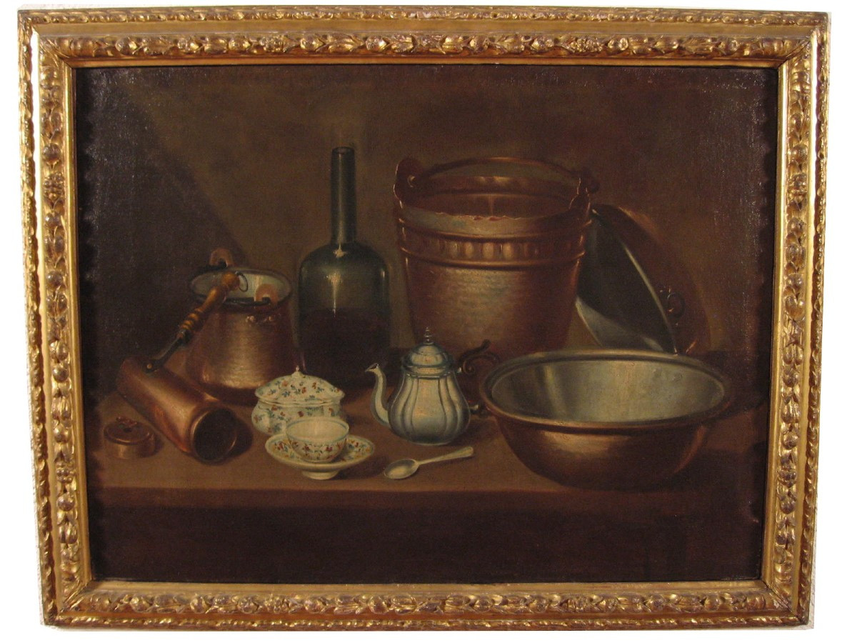 Still Life With Copper Crockery, Bottle And Majolica -   Emilian School, 18th Century