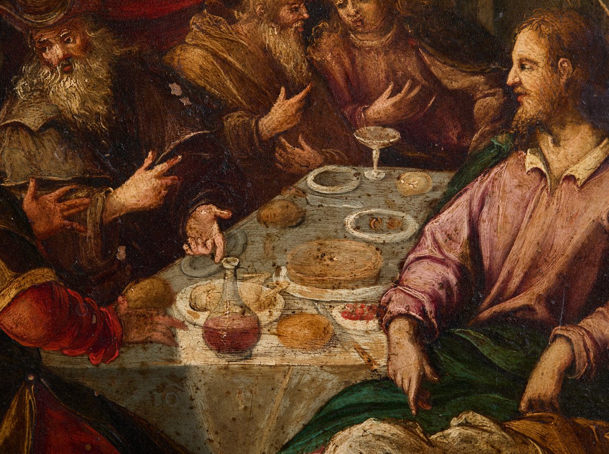 « Le Repas chez Simon le Pharisien » Huile sur cuivre, style vénitien-flamand-photo-1