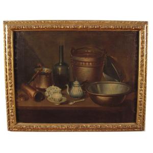 Still Life With Copper Crockery, Bottle And Majolica