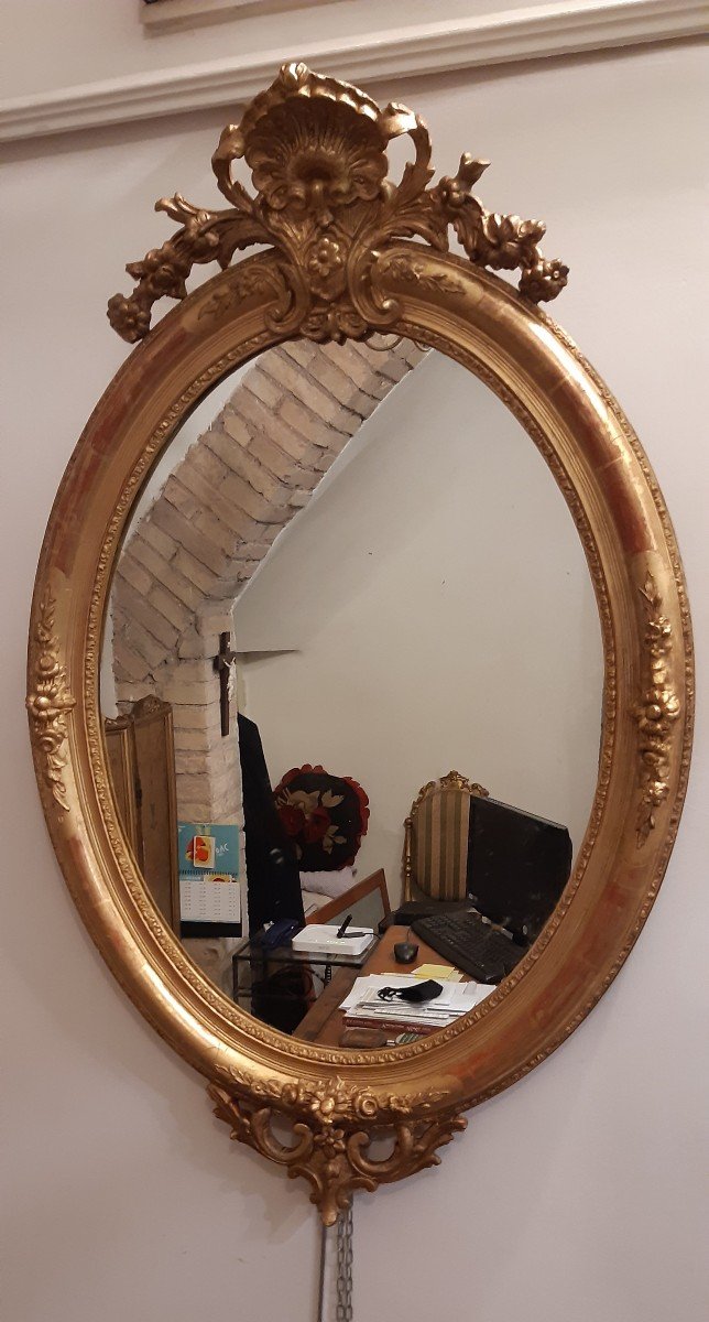 Large Golden Oval Mirror, XIXth Century