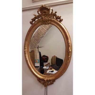 Large Golden Oval Mirror, XIXth Century