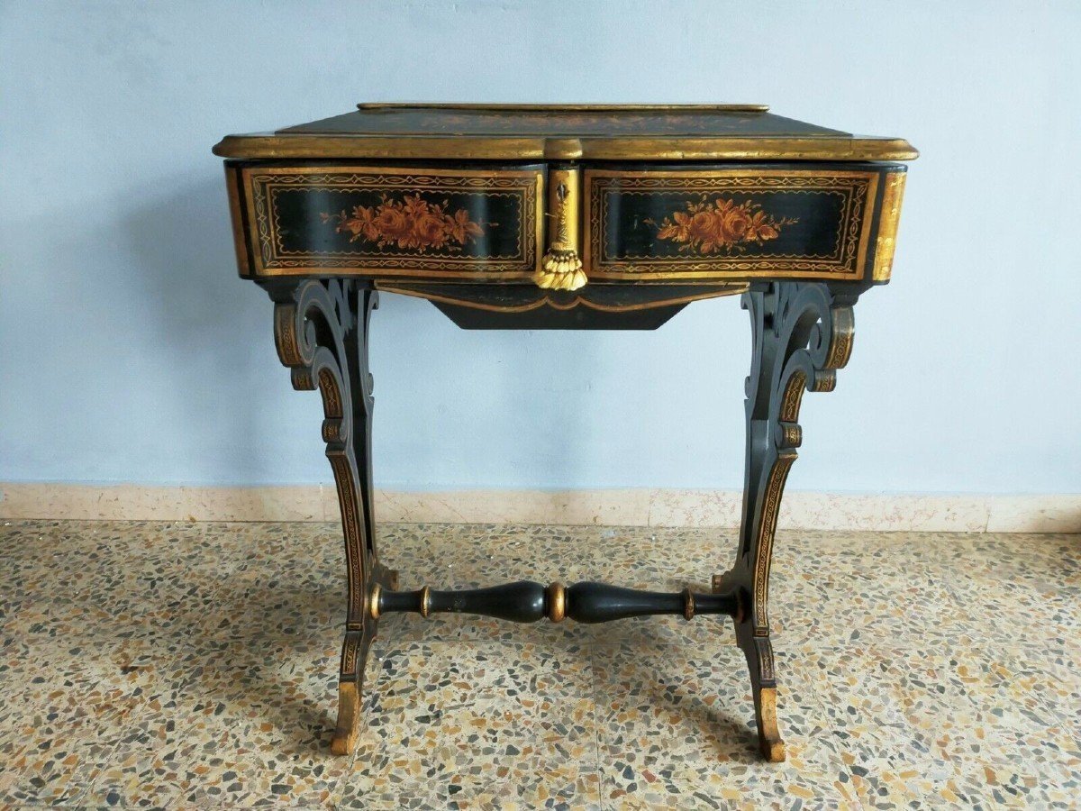 Old Work Table Blackened, Gilded And Painted With Flowers Nineteenth Century France-photo-1