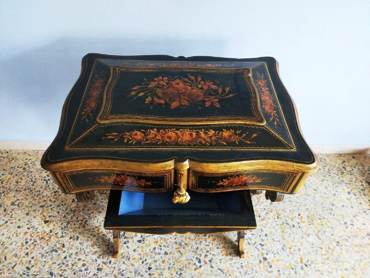 Old Work Table Blackened, Gilded And Painted With Flowers Nineteenth Century France
