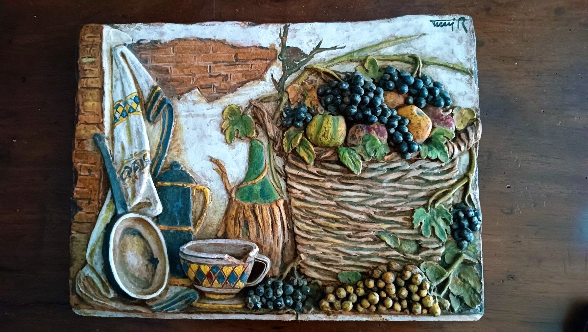 Large Terracotta Tile With Tuscan Wine Grapes From The 1950s, Signed --photo-2