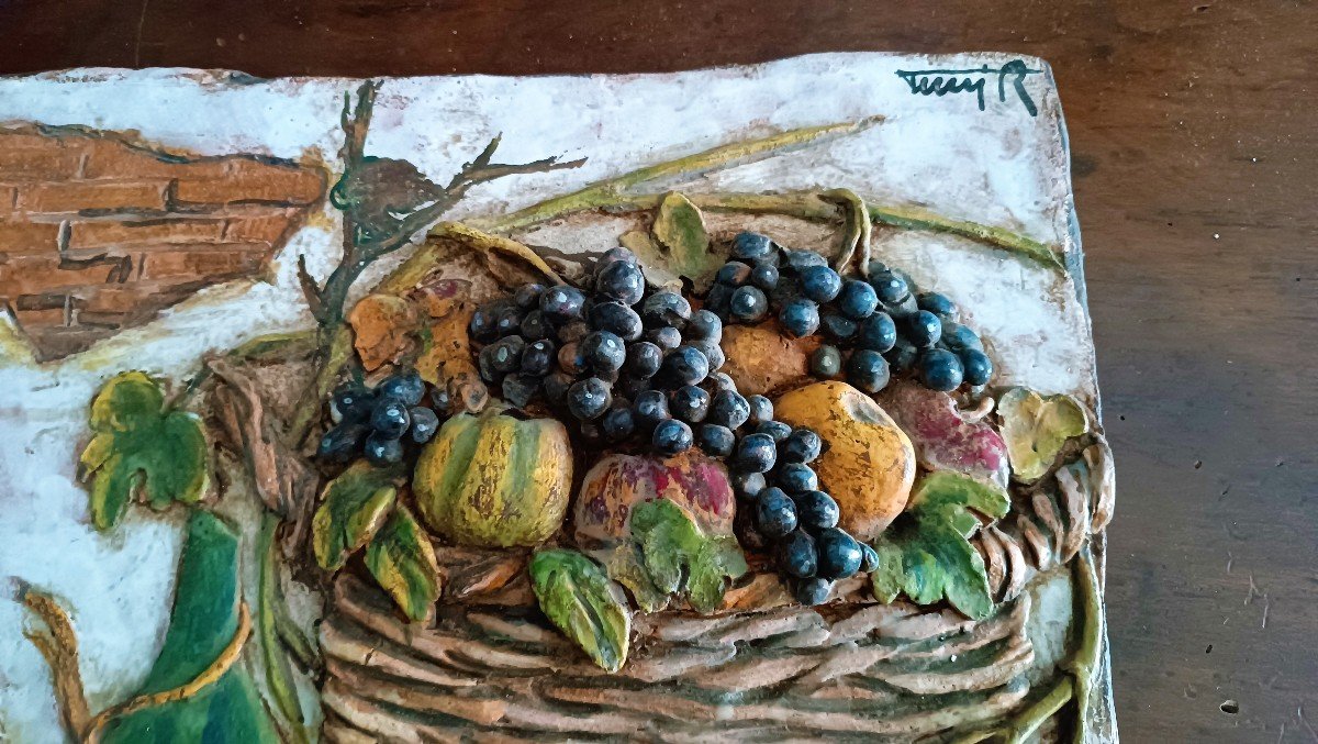 Large Terracotta Tile With Tuscan Wine Grapes From The 1950s, Signed --photo-3
