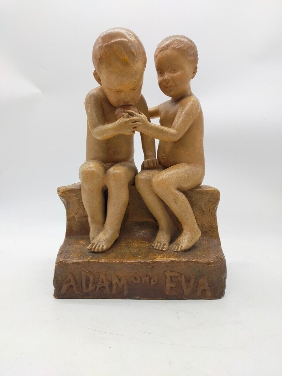 Friedrich Goldscheider, Adam And Eve, Colored Ceramic, Signed Jaray-photo-2
