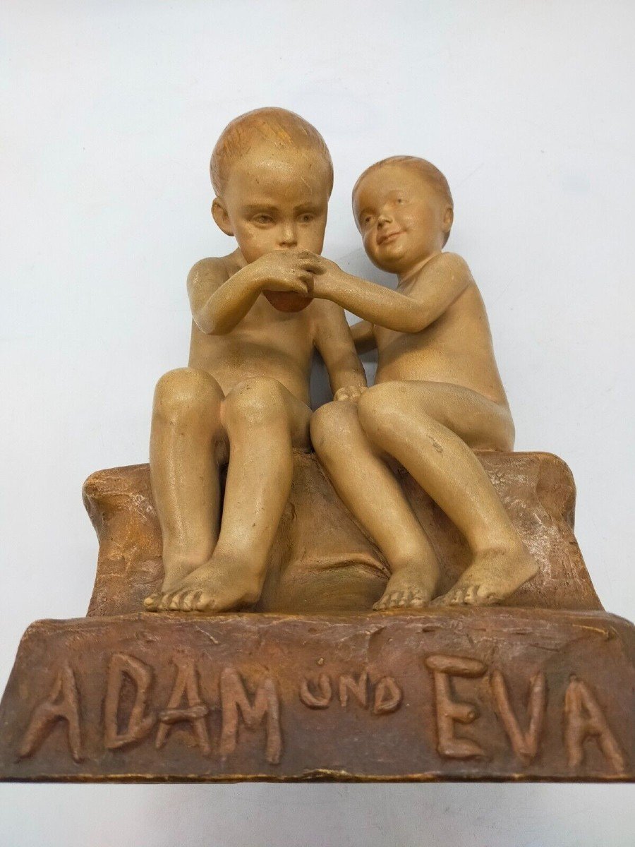 Friedrich Goldscheider, Adam And Eve, Colored Ceramic, Signed Jaray