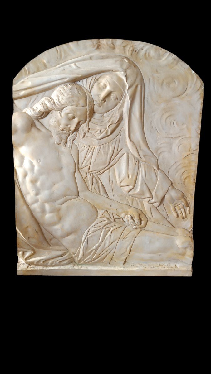Large Tile Bas-relief Stucco Plaque Madonna With Christ-photo-4