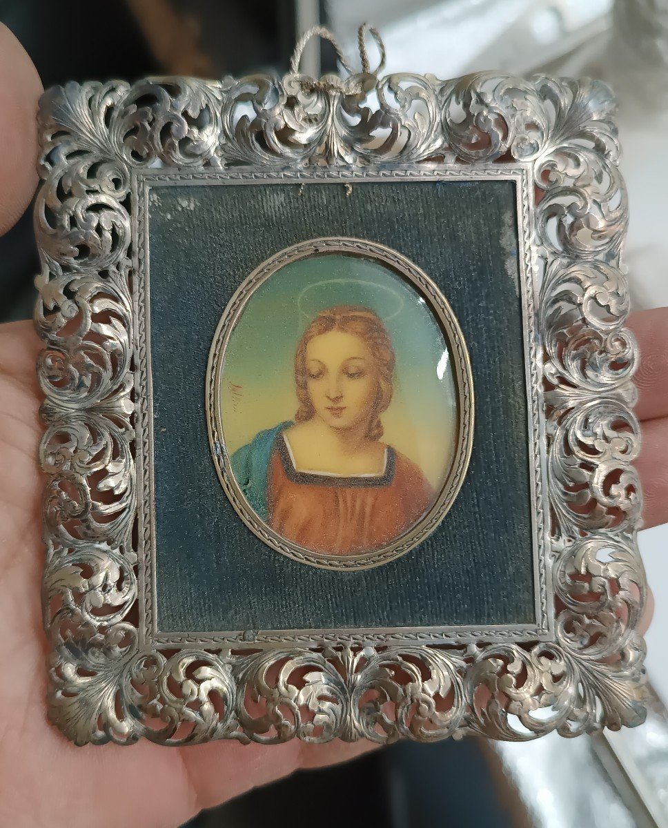 Painted Miniature Silver Frame - Virgin Mary - Signed-photo-2