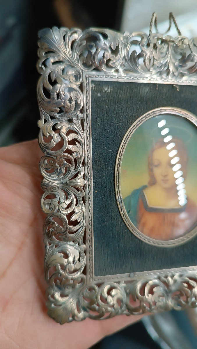 Painted Miniature Silver Frame - Virgin Mary - Signed-photo-3