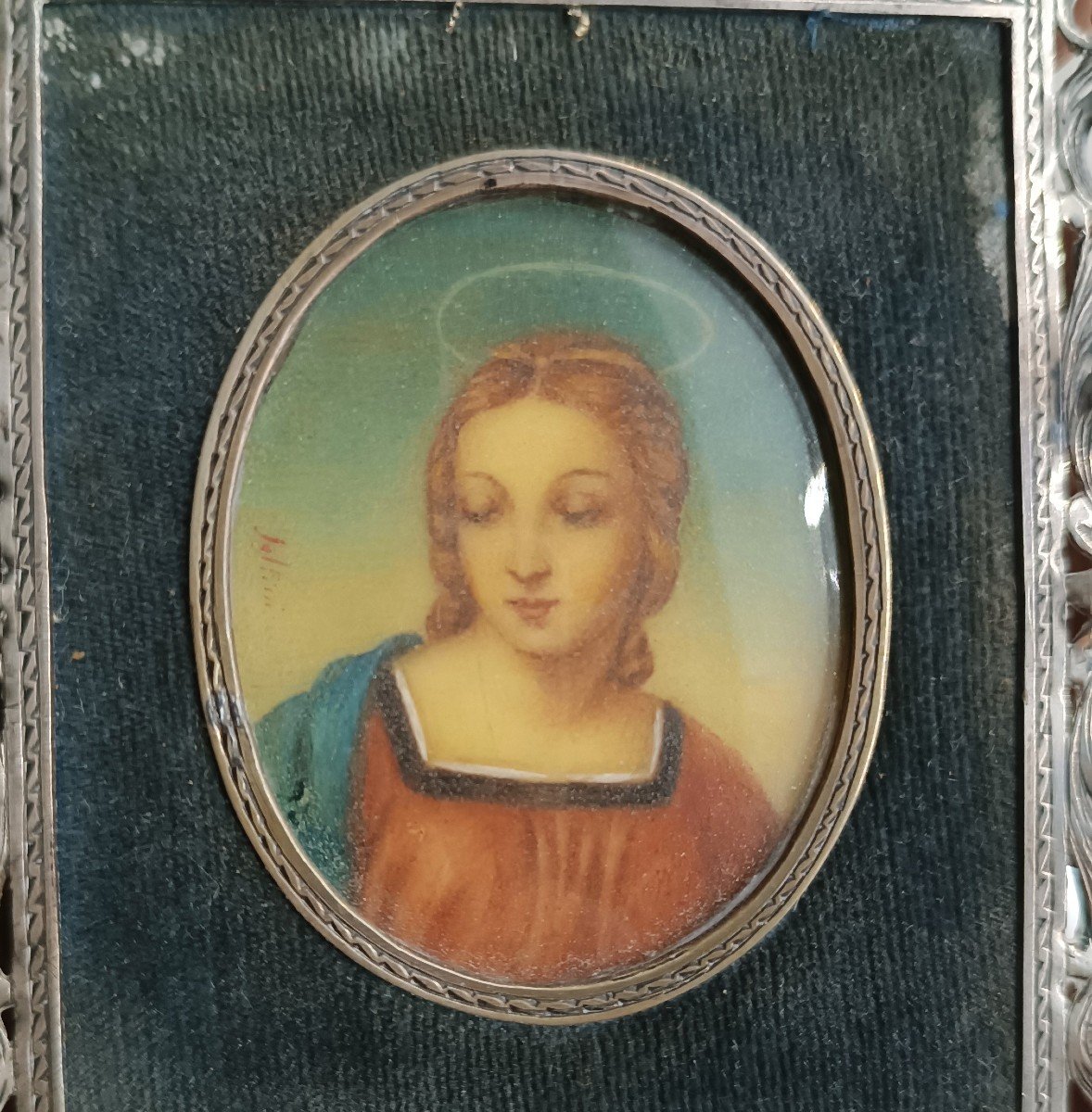 Painted Miniature Silver Frame - Virgin Mary - Signed-photo-4