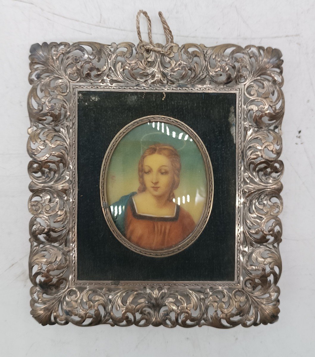 Painted Miniature Silver Frame - Virgin Mary - Signed