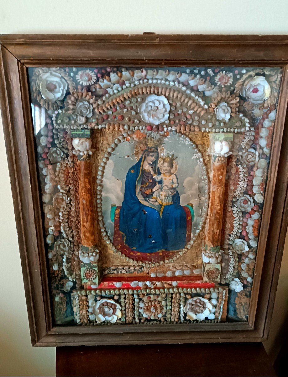 Large Execution Of The Madonna In A Coral Casket And Shells, 19th Century Sicilian Manufacture-photo-2