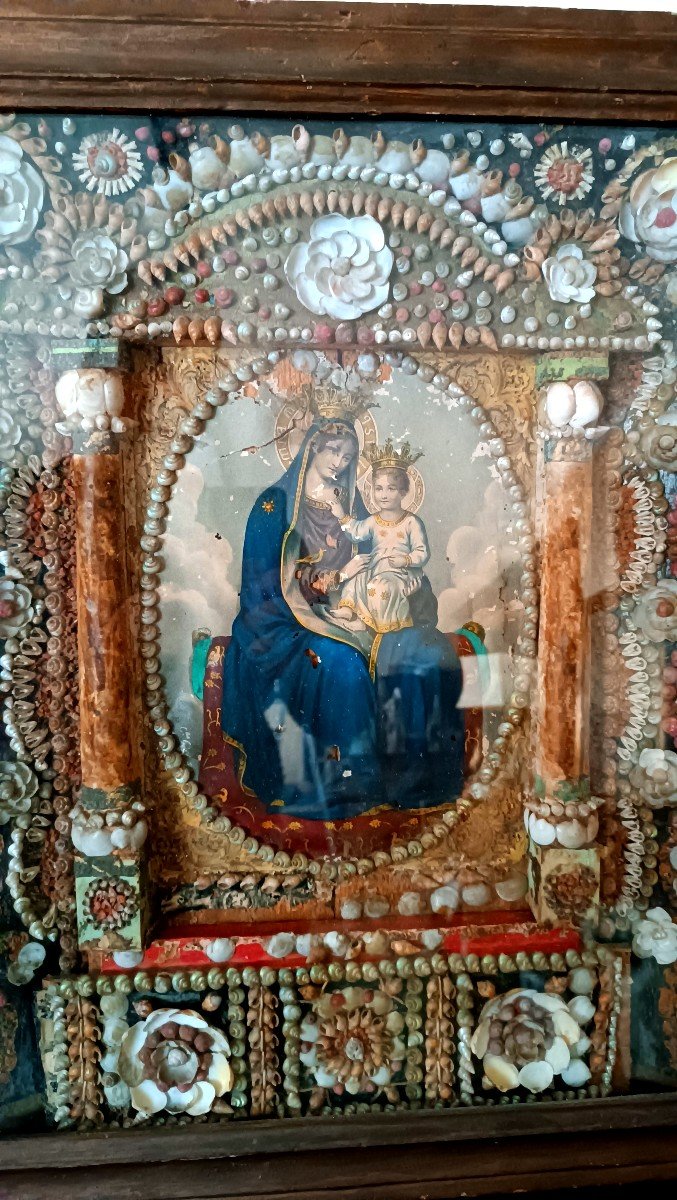 Large Execution Of The Madonna In A Coral Casket And Shells, 19th Century Sicilian Manufacture-photo-4