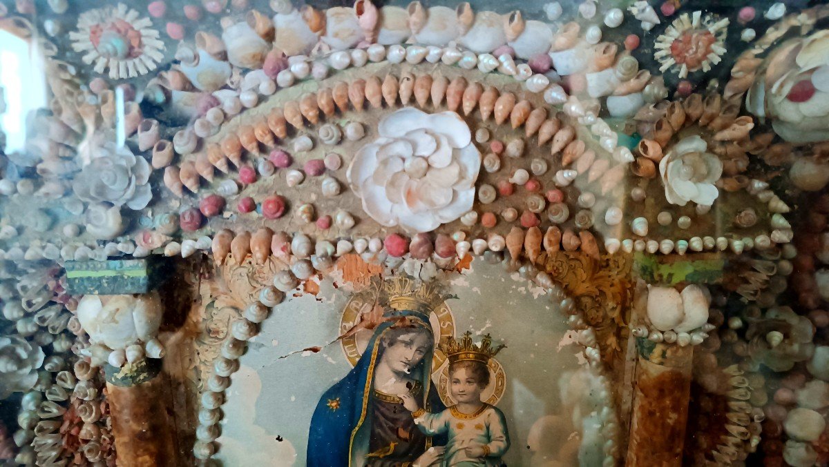 Large Execution Of The Madonna In A Coral Casket And Shells, 19th Century Sicilian Manufacture-photo-2