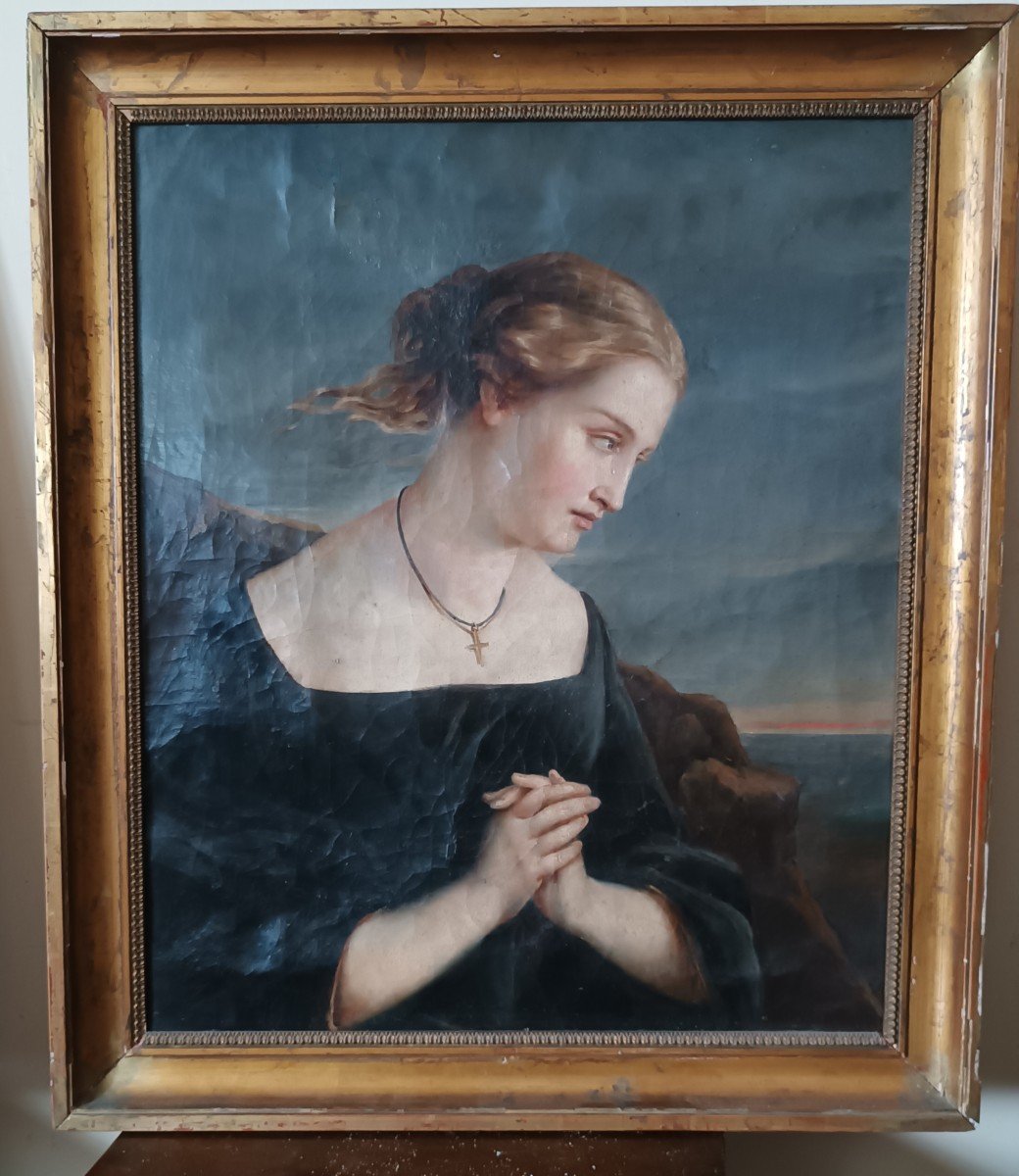 Antique 19th Century Female Portrait Painting-photo-2