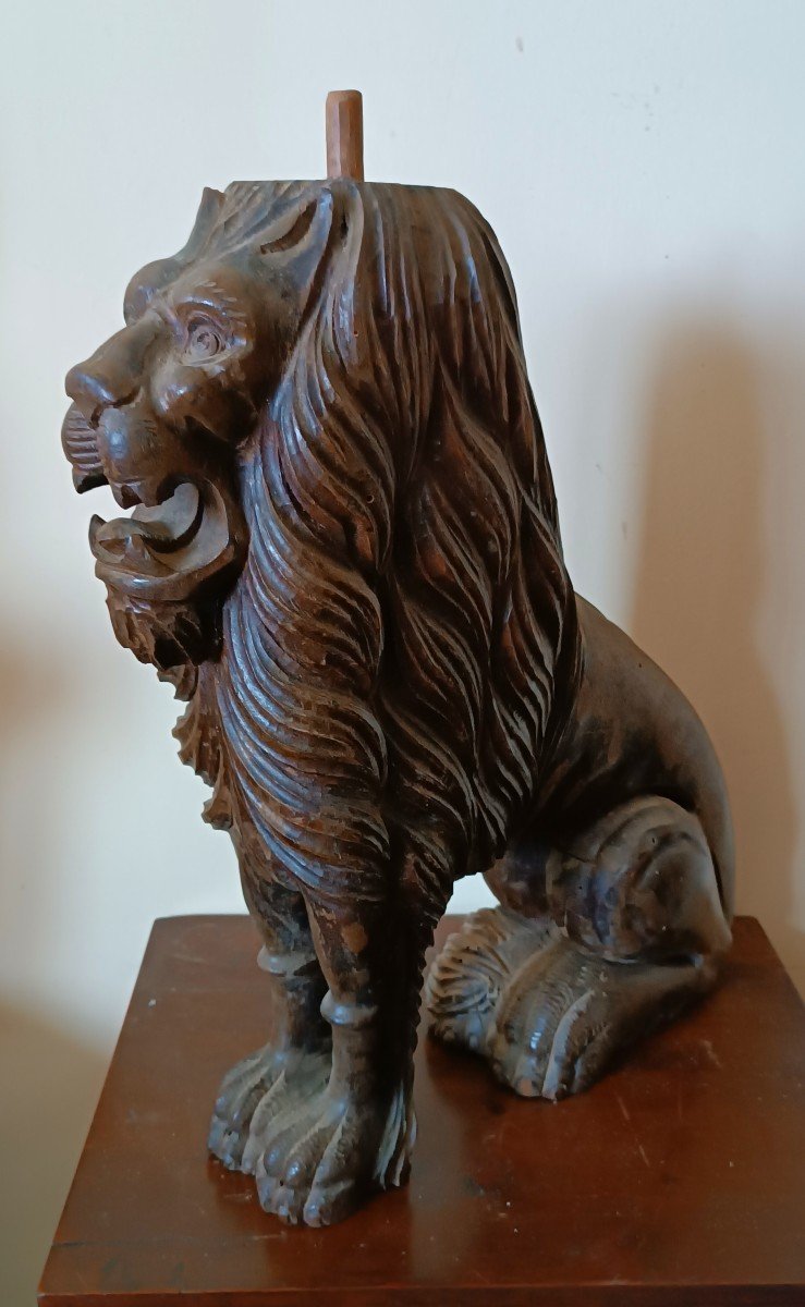 Paire De Sculptures En Bois Sculpté Représentant Des Lions, XIXe Siècle h.50 cm-photo-3