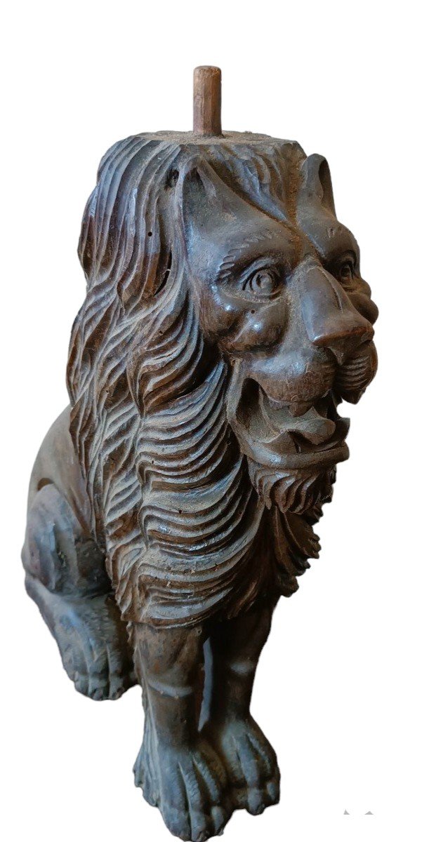 Paire De Sculptures En Bois Sculpté Représentant Des Lions, XIXe Siècle h.50 cm-photo-2