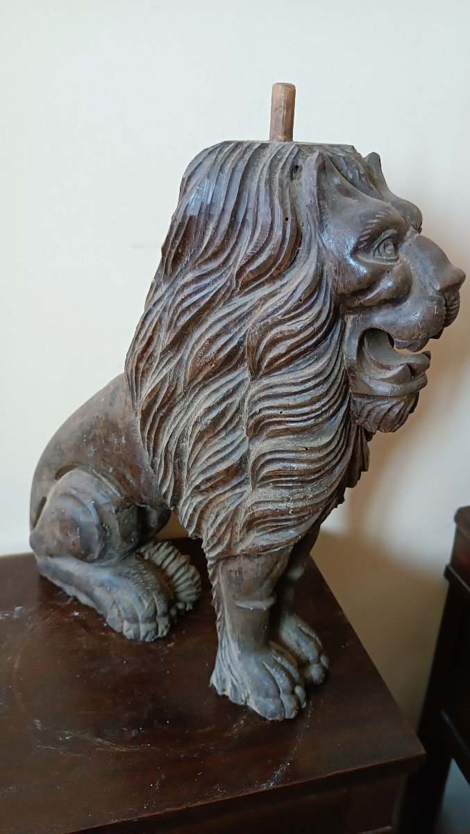 Paire De Sculptures En Bois Sculpté Représentant Des Lions, XIXe Siècle h.50 cm-photo-8
