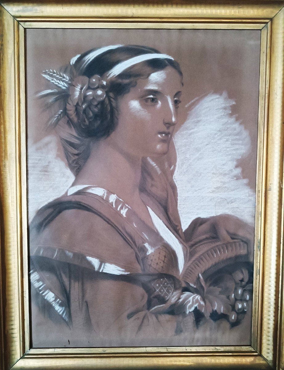 19th Century White Lead Painting, Charcoal Pastel, Female Figure-photo-2