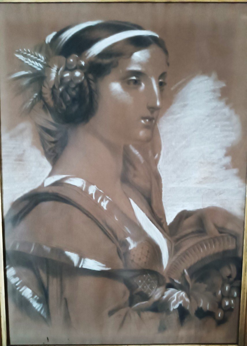 19th Century White Lead Painting, Charcoal Pastel, Female Figure-photo-3