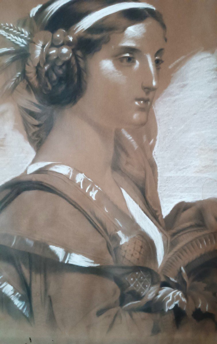 19th Century White Lead Painting, Charcoal Pastel, Female Figure-photo-4