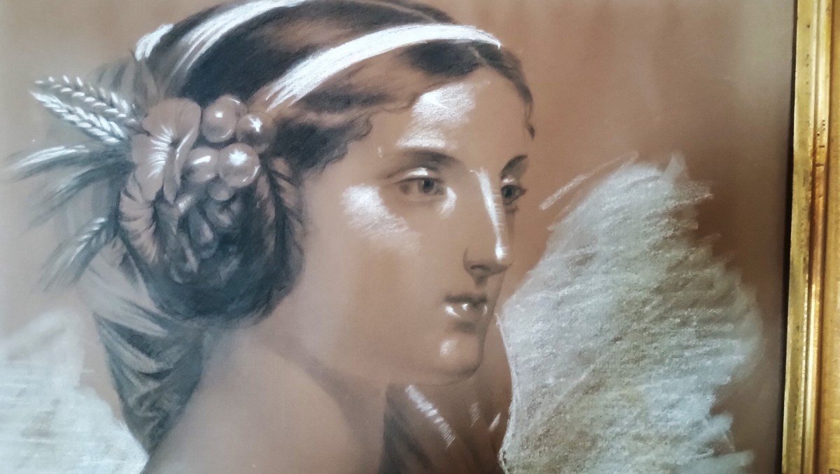 19th Century White Lead Painting, Charcoal Pastel, Female Figure-photo-1