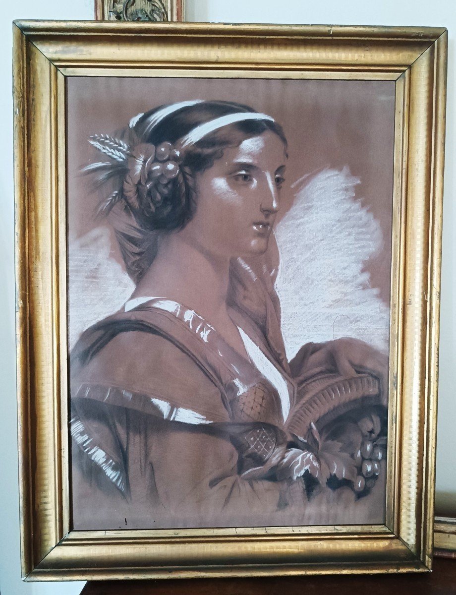 19th Century White Lead Painting, Charcoal Pastel, Female Figure