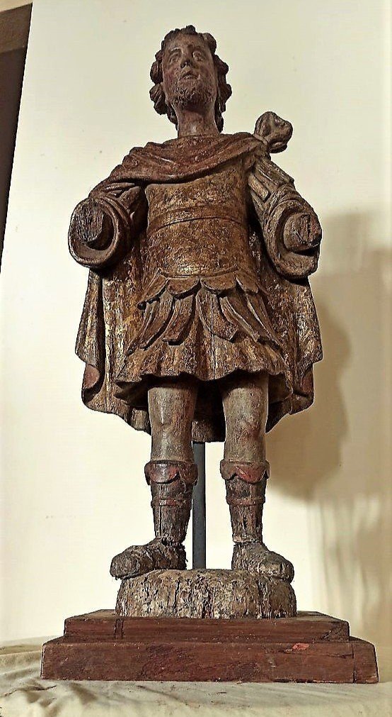Sculpture Depicting St. Michael - Polychrome And Gilded Wood - 16th Century Italy