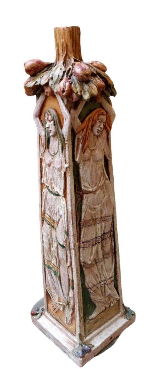 Large Glazed Terracotta Sculpture Early 1900s Lamp Base 95 Cm-photo-4