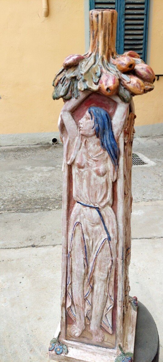 Large Glazed Terracotta Sculpture Early 1900s Lamp Base 95 Cm-photo-1