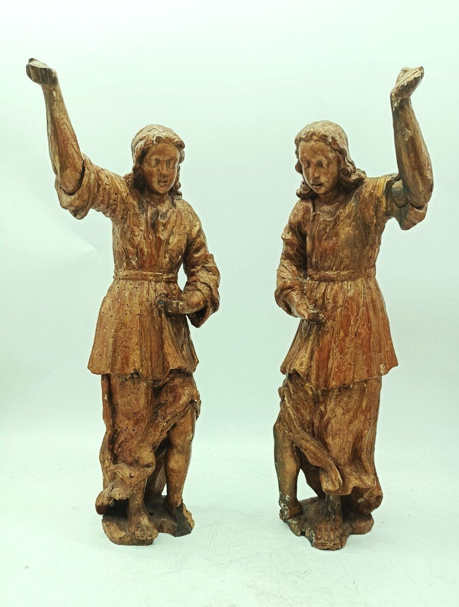 Ancienne Paire De Sculptures d'Anges En Bois Doré