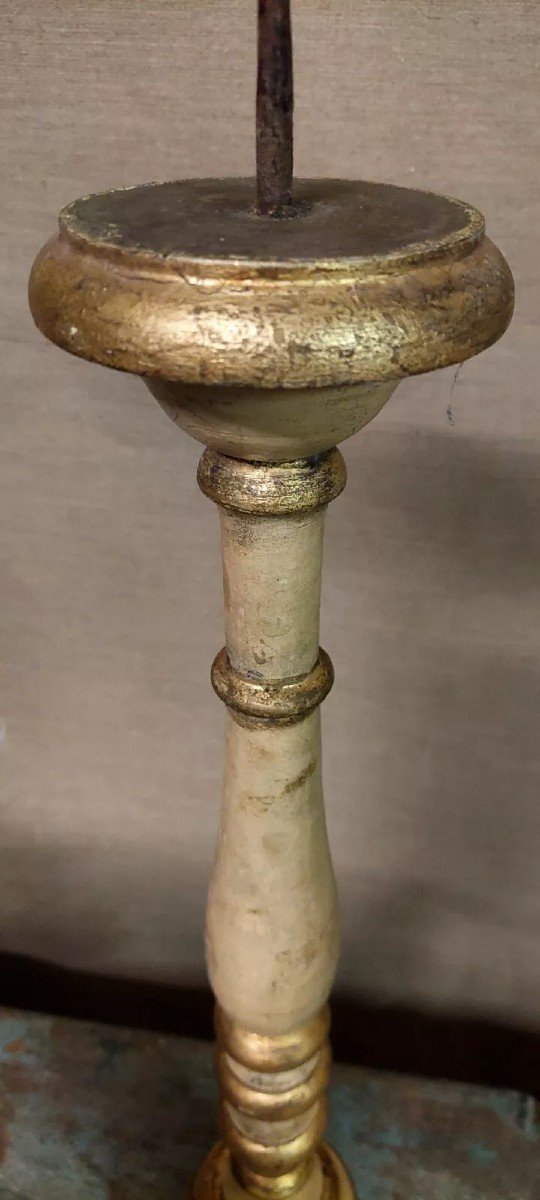 Antique 19th Century Wooden Candlestick With Golden Lacquer-photo-3