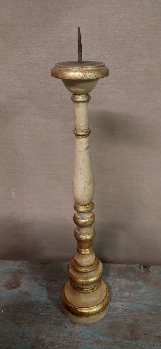 Antique 19th Century Wooden Candlestick With Golden Lacquer-photo-4