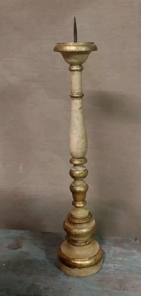 Antique 19th Century Wooden Candlestick With Golden Lacquer-photo-3
