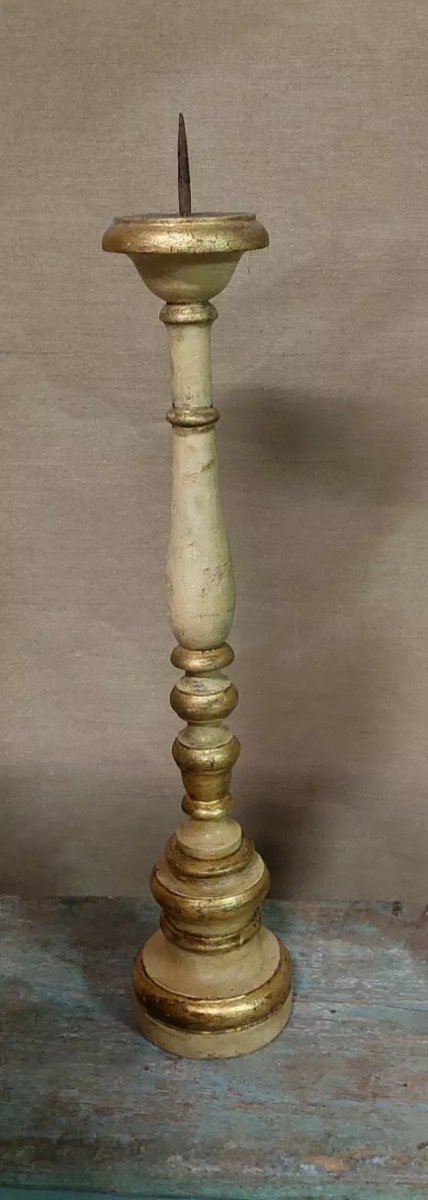 Antique 19th Century Wooden Candlestick With Golden Lacquer
