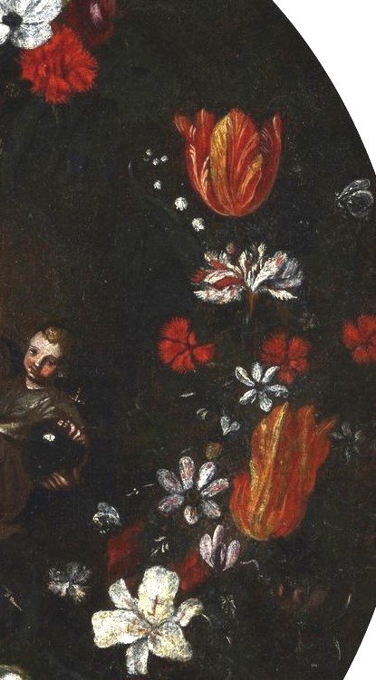 Oil Painting On Canvas, Italian School, Madonna With Child On A Garland Of Flowers - 17th Centu-photo-3