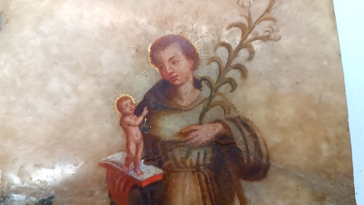 Peinture Ancienne Sur Albâtre Italie XVIIIe Siècle, Saint Antoine De Padoue-photo-2