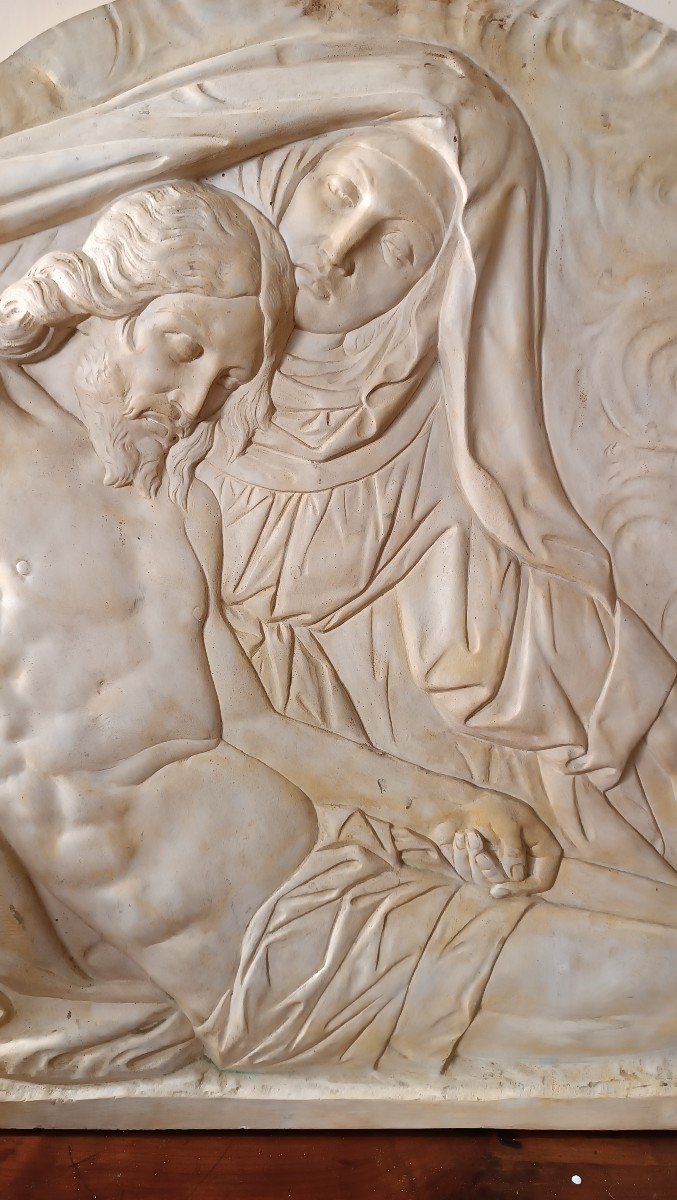 Grand Plaque En Stuc Bas-relief En Carrelage Madone Avec Le Christ-photo-4